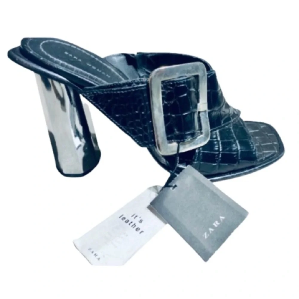 Zara Embossed Crossover Leather Metallic Chrome Mules Sandals High Heels 7.5 - Picture 5 of 14